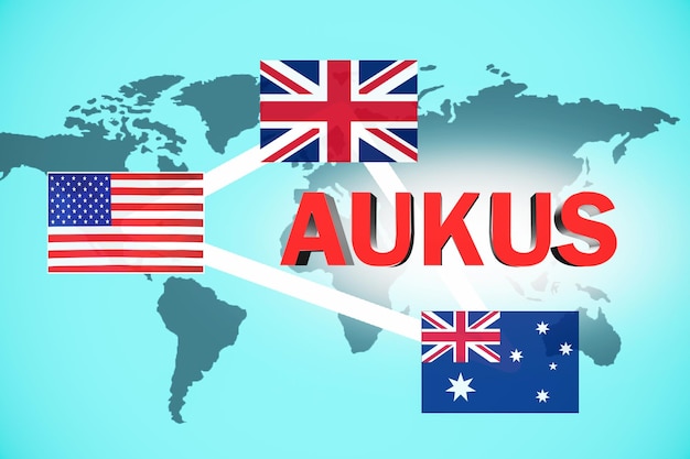 Militärische politische Verteidigungsallianz 3D-Inschrift AUKUS und amerikanische australische und britische Flagge auf Weltkarten-Hintergrund