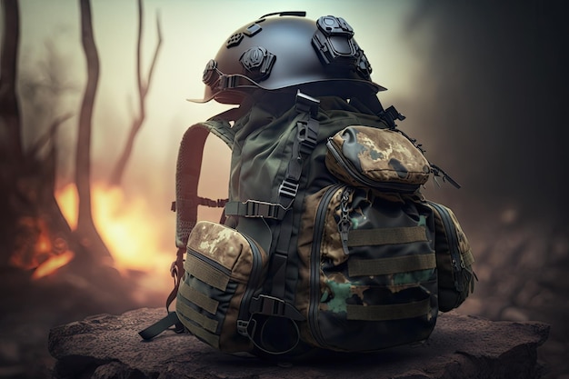 Militärischer Militärrucksack mit Jacke und Helm auf verschwommenem Hintergrund, der mit generativer KI erstellt wurde