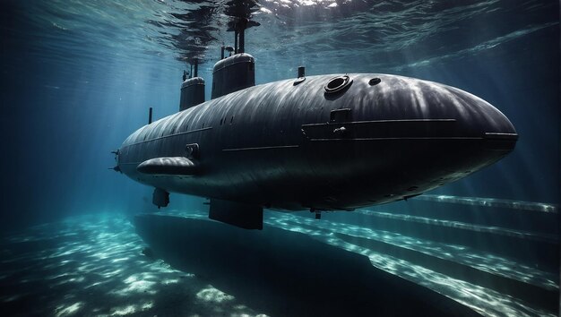 Foto militärisches modernes neues u-boot mit marinefarbe, das unter wasser taucht