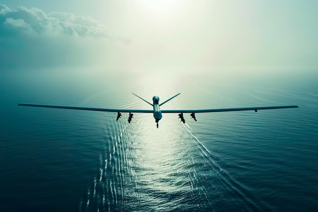 Militärisches unbemanntes Flugzeug fliegt an einem klaren, sonnigen Tag über dem Ozean