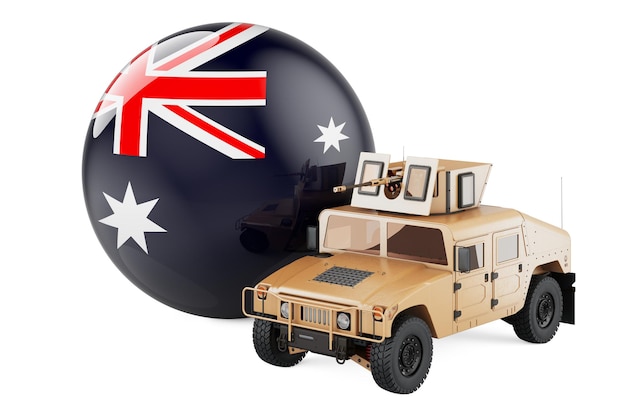 Militärlastwagen mit australischer Flagge Combat Defense of Australia Konzept 3D-Rendering