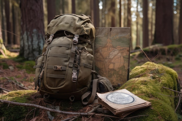 Foto militärrucksack mit karte und kompass, umgeben von wald
