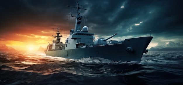Militärschiff im Ozean bei Sonnenuntergang