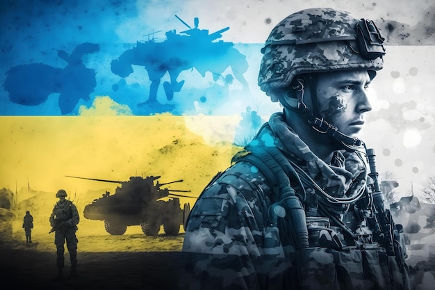 Militärsoldat auf dem Hintergrund der ukrainischen Flagge. Neuronales Netzwerk KI generiert