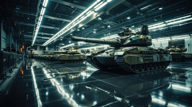 Foto militärtanks in hangars versorgung mit schweren angriffswaffen generative ai