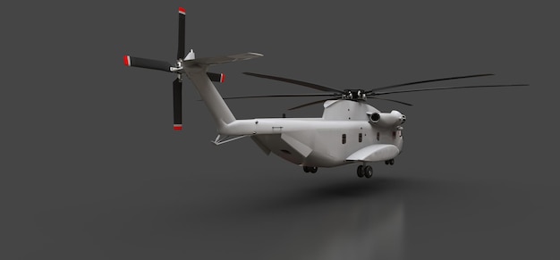 Militärtransport- oder Rettungshubschrauber auf grauem Hintergrund. 3D-Darstellung.