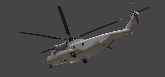 Militärtransport oder Rettungshubschrauber auf grauem Hintergrund. 3D-Illustration.
