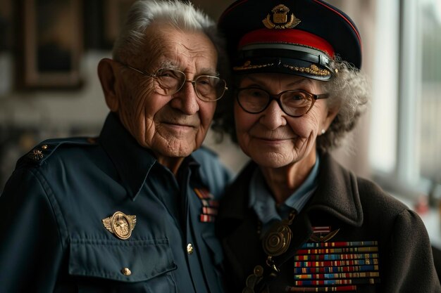 Foto militärveteran und -frau mit medaillenuniform und lächeln zusammen mit erinnerung
