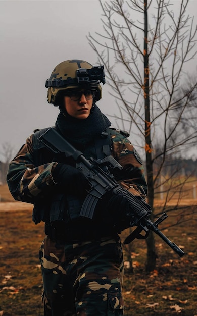 Un militar en uniforme de camuflaje de pie en un campo o bosque de escasa vegetación