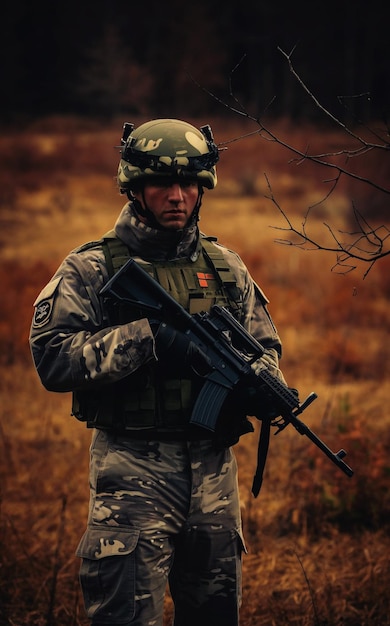 Foto un militar en uniforme de camuflaje de pie en un campo o bosque de escasa vegetación