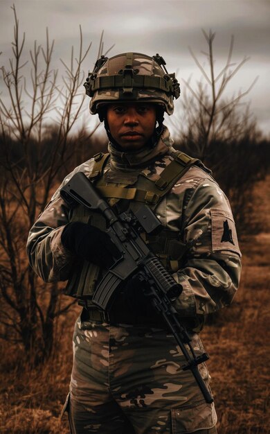 Un militar en uniforme de camuflaje de pie en un campo o bosque de escasa vegetación
