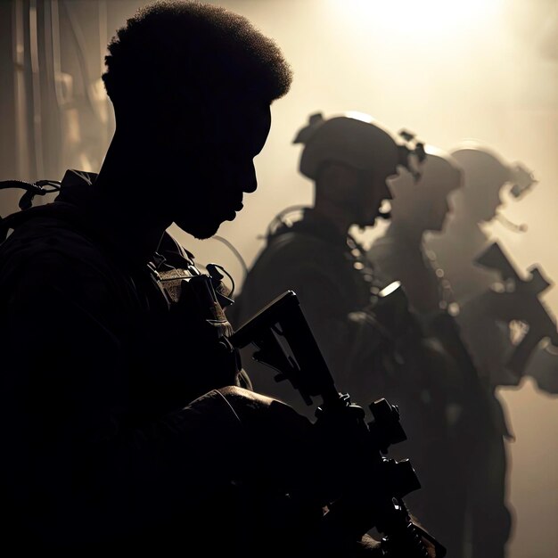 Foto militares com armas em uma missão de combate ai generativa