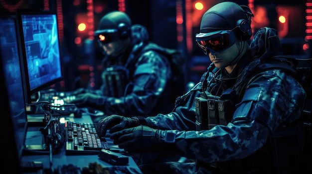 Militares en computadoras en una habitación oscura