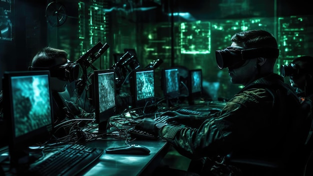 Militares em computadores em uma sala escura