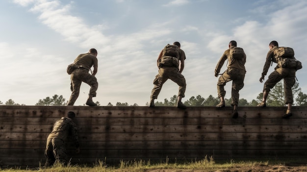 Militares passam por pista de obstáculos durante treinamento