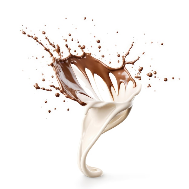 Foto milk a7 chocolate splash mistura e voa no espaço vazio branco
