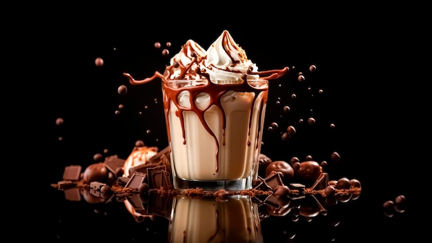 Milk-shake com chantilly e cobertura de chocolate em fundo preto