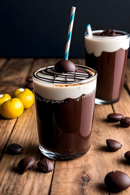 Milk-shake de chocolate gelado em fundo escuro
