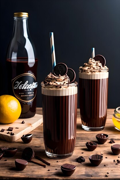 Foto milk-shake de chocolate gelado em fundo escuro