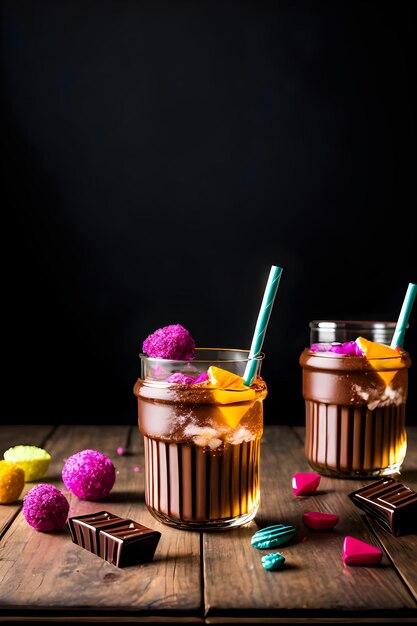 Foto milk-shake de chocolate gelado em fundo escuro