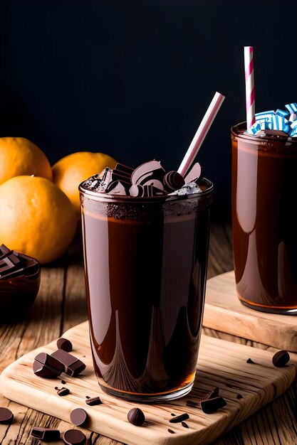 Foto milk-shake de chocolate gelado em fundo escuro