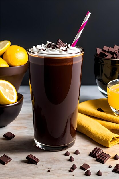 Milk-shake de chocolate gelado em fundo escuro