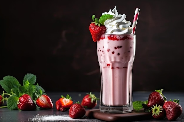 Milk-shake de morango clássico coberto com chantilly e cereja criado com IA generativa