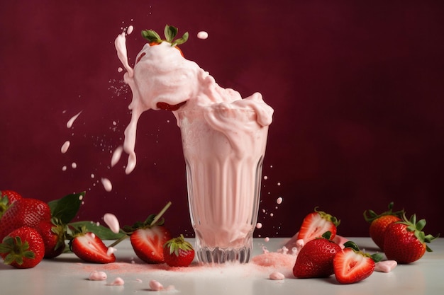 Milk-shake de morango com frutas frescas em fundo rosa