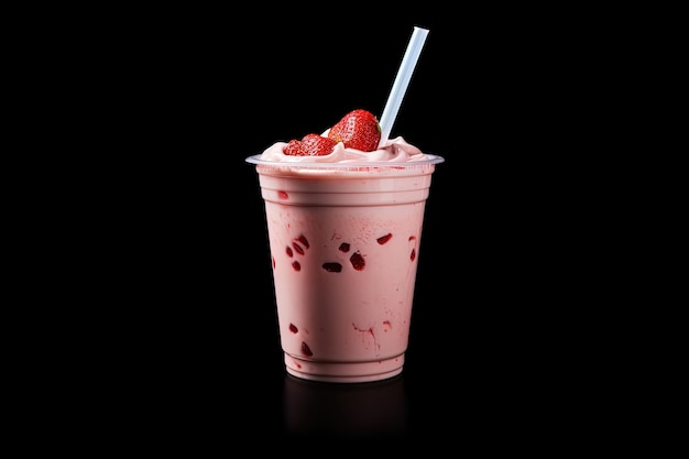 Foto milk-shake de morango em copo plástico para viagem isolado em fundo preto
