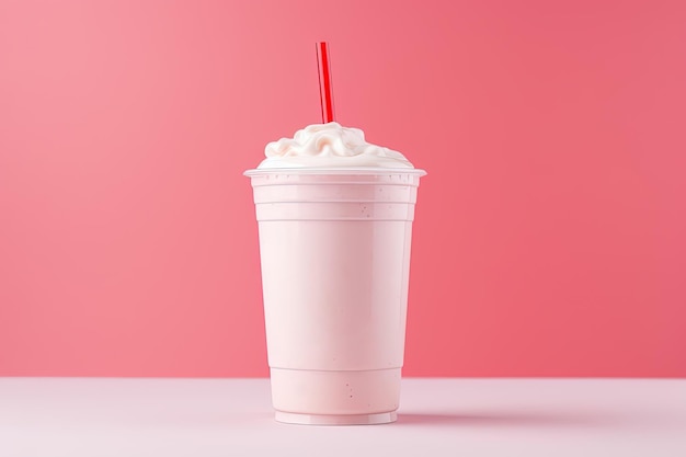 Milk-shake de morango em copo plástico para viagem isolado em fundo rosa