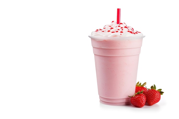 Milk-shake de morango em copo plástico para viagem isolado no fundo branco com espaço de cópia