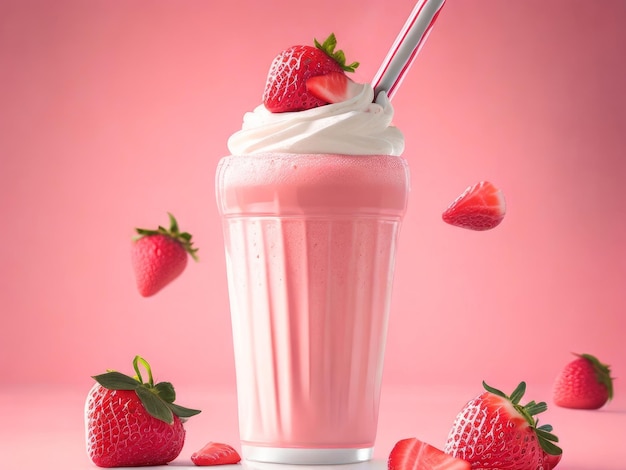 Milk-shake de morango em fundo rosa gerado por IA