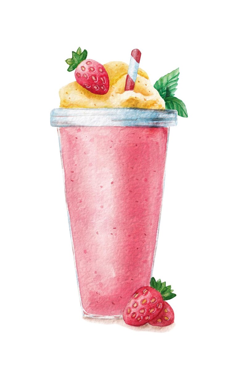 Milk-shake de morango em um copo decorado com creme de menta e morangos frescos