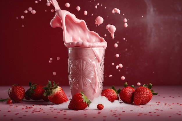 Milk-shake de morango vibrante e refrescante com frutas frescas em fundo rosa