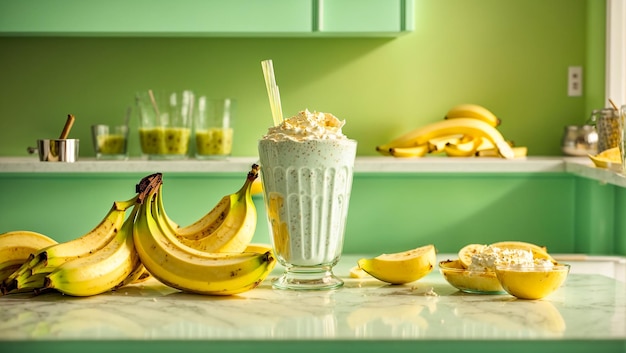 Milk-shake e banana no fundo da cozinha