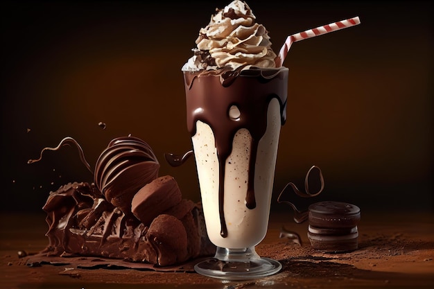 Milk-shake exreme indulgente de chocolate com bolo de brownie Generative Ai