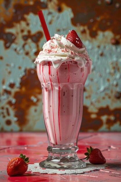 Milk-shake de fresa con crema batida y fresas