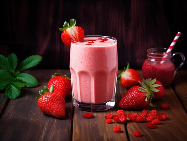 Milk-shake de fresa en una mesa de madera jugo y refresco concepto orgánico