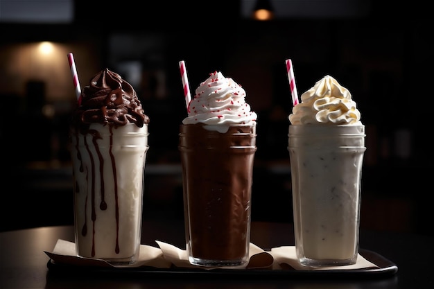 Milk-shakes em copos na mesa de madeira em uma cafeteria Conteúdo gerado por IA