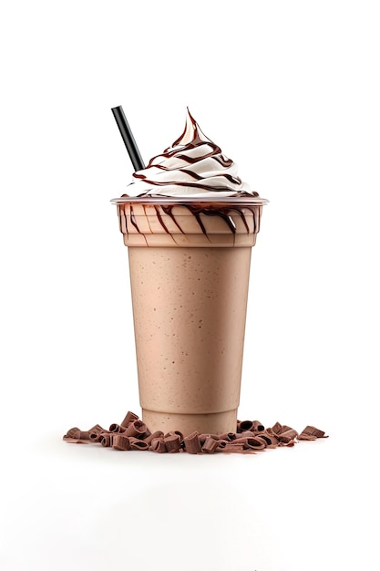 Milkshake de chocolate en taza de plástico para llevar aislado sobre un fondo blanco