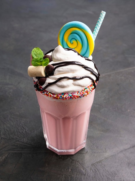 Milkshake com chantilly e doces Coquetel de morango