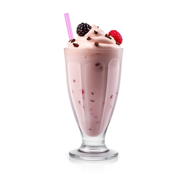 Milkshake com framboesas e morangos sobre um fundo branco