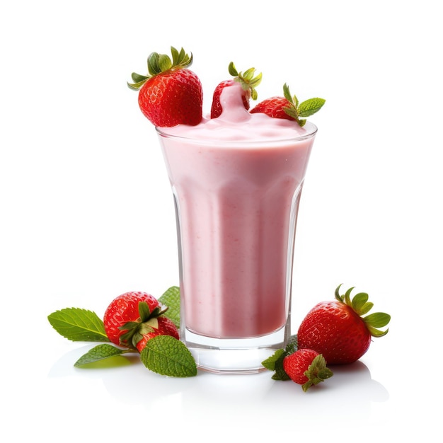 Milkshake cremoso de morango coberto com frutas vibrantes apresentadas em uma tela branca