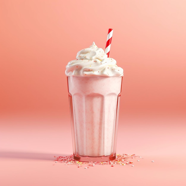 Milkshake cremoso con salpicaduras y crema batida sobre un fondo rosado