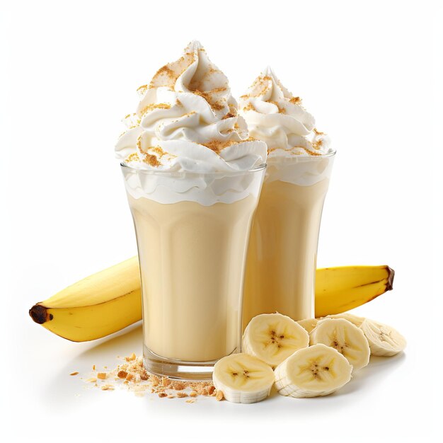 Foto milkshake de banana com nata batida isolada em branco generative ai