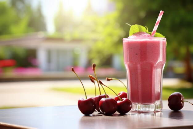 Milkshake de cereja com um canudo em uma mesa de madeira ao ar livre