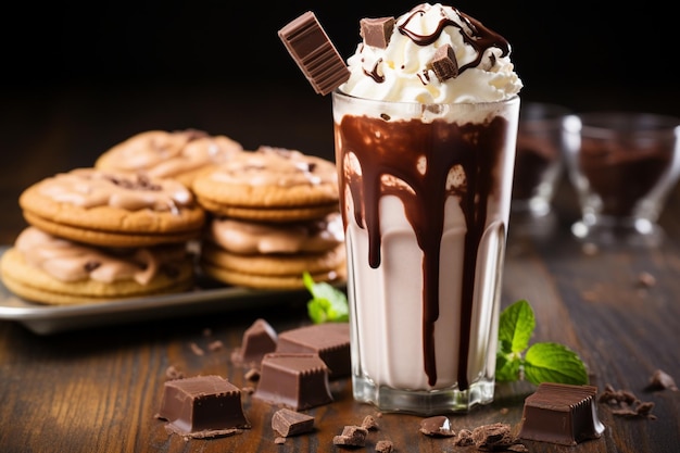 Milkshake de chocolate com nata batida e biscoitos em uma mesa em um café vertical