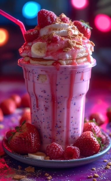 Milkshake de morango com nozes de creme batido de banana de morango e xarope de chocolate em fundo colorido