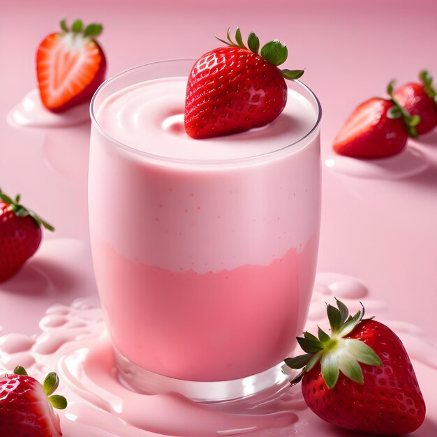 Milkshake de morango com respingo de leite isolado em fundo rosa
