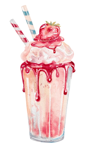 Milkshake de morango com xarope de bagas de creme batido e palhinhas Ilustração em aquarela em branco